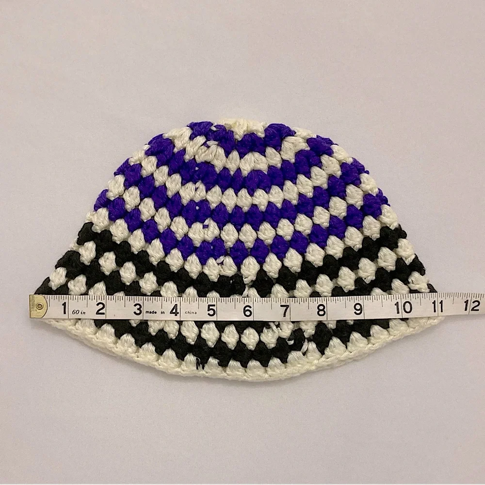 ⭐️ Vintage Hand Knit Beanie Purple Black And White Striped Winter Hat